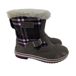 LL Bean Winter Boots Size 7 Purple Gray Plaid Primaloft 200 Gram Waterproof